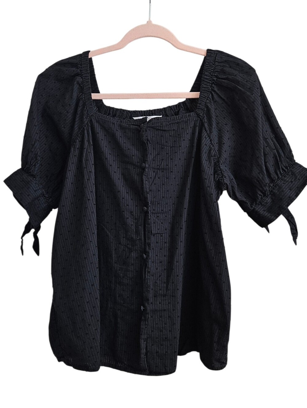 Lauren Conrad LC Black Textured Dots Square Neckline Puff Sleeves Button Up Top